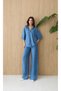 Women's Blue Shirt Pants Set Lyocell Palazzo Elastic Waist Short Sleeve Pocket Detail - 4
