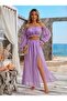 Lilac Flowy Chiffon Double Slit Skirt Bustier Two-Piece Set Madonna Collar Gathered Summer Beach Dress - 3