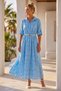 Italian Light Blue Shirt Collar 3/4 Sleeve Lined Belted Casual Scalloped Long Woven Dress 130 58