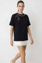 Women's Scarf and Pearl Detailed Crew Neck Oversize Black T-Shirt - 3