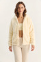 Women's Self-Patterned Pocket Detailed Zippered Hooded Plush Cream Cardigan - 3