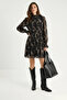 Women's Patterned Gipeli Collar and Sleeve Detailed Belted Lined Mini Chiffon Black Dress - 2