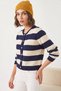 Women's Striped Knitwear Navy Blue Ecru Cardigan - 4