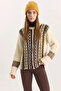 Women's Ethnic Patterned Oversize Crew Neck Knitwear Cream Sweater - 4