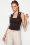 Women's Lace Detailed Square Collar Body-Hugging Viscose Bitter Brown Blouse - 4