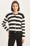 Women's Striped Bearded Knitwear Black Ecru Cardigan - 5