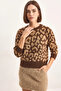 Women's Leopard Patterned Crew Neck Basic Knitwear Brown Camel Sweater - 5
