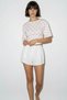 Women's Crew Neck Polka Dot Patterned Waist Fitted Short Sleeve White Pink Blouse - 5