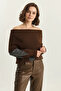 Women's Madonna Collar Diamond Patterned Knitwear Brown Anthracite Sweater - 5