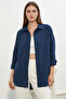 Women's Oversize Cut Linen Navy Blue Shirt - 7