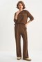 Women's Crew Neck Long Sleeve Top with Elastic Waist, Loose Bottom with Piping Detail, Modal Brown Set - 5