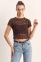 Women's Crew Neck Short Sleeve Transparent Lace Bitter Coffee Blouse - 4