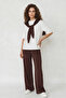 Women's Shawl Detailed Basic T-Shirt Elastic Waist Loose Pants Bottom Top Modal Set Brown White - 2