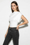 Women's Boat Neck Eyelet Studded Side Gathered Waist Fitted Draped White Blouse - 2
