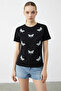 Women's Bead Stone Embroidered Dragonfly Patterned Comfortable Fit t Shirt Black
