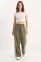 Women's Striped Elastic Waist Seasonal Palazzo Khaki Trousers with Pocket Detail - 3
