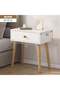 Modern White Side Table with Natural Wood Legs, 40 x 30 x 55 cm, Functional Bedside Nightstand with Drawer, Compact Storage Cabinet for Bedroom, Guest Room, Living Room, Office and Home - 5