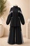 Women's Stand Collar Striped Sleeve and Waist Elasticated Zippered Sports Set - Black - 2
