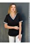 Plus Size V-Neck Blouse with Soft Texture, Collar and Sleeve End Details