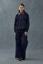 Navy Blue Leather Garni Collar Detailed Denim Jacket - 3