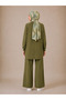 Women's Modal Fabric Ribbed Stitching and Slit Detailed Top and Bottom Set - Olive Green - 4