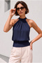 Women's Navy Blue Backless Halter Neck Modal Cotton Blouse with Fitted Waist
