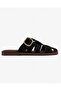 Black Women's Suede Gold Buckle Detailed Cage Closed Toe Bohemian Slippers - 3