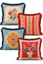 Vintage Floral and Vase Patterned Turquoise Red Striped 4-Piece Fringed Throw Pillow Cover Set