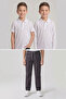 Boys' School White Long and Short Sleeve Polo Collar T-Shirt Smoked Ribbed Waist Pants 3-Piece Top and Bottom Set