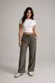 Women's Khaki High-Waisted, Linen Textured Gabardine, Elastic Waist, Lace-Up, Pocketed, Comfortable Cut Pants - 3