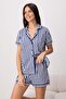 Lacivert %100 Pamuklu Çizgili Biyeli Şortlu Örme Pijama Takımı THMSS25PT00416 - 2