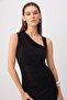Siyah Bodycon Asimetrik Yaka Kolsuz Büzgülü Midi Esnek Örme Elbise TWOSS26EL01062 - 4