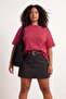 Bordo Çizgili Boxy/Relaxed Kalıp Kısa Kollu Pamuk Karışımlı Örme T-Shirt TBBSS26BF00088