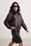 Brown Oversize Faux Leather Coat with Fur Lining and Collar Twoaw27Mo00045 - 4