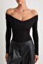 Siyah Carmen Yaka Fitilli Alttan Çıtçıtlı Esnek Örme Body TWOAW21BD0053 - 3