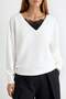 Ekru Kalın V Yaka Dantel Detaylı Düşük Kol Oversize/Geniş Kesim Örme Sweatshirt TWOAW27SW00038 - 3