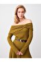 Oil Green Slim Fit Draped Collar Long Sleeve Knitted Blouse - 3