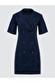 Navy Blue 100% Linen Short Sleeve Button Detailed Jacket Collar Mini Dress - 7