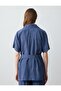 Navy Blue Straight Cut Open Collar Elbow Sleeve Long Woven Shirt - 8