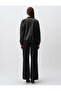 Black Long Sleeve Leather Bomber Jacket - 6