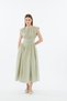 Women's Green Wide Bell-Bottom Skirt with Drawstring Waist Design, Short Sleeves, Fitted at the Waist, Pinterest Chic Equivalent Midi Dress.