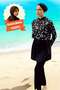Hijab Swimsuit Digital Print Black 3-Piece Cap, Top, Bottom Suit Does Not Show Skin and Body Lines