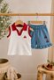 Baby Girl Cherry Embroidered Polo Collar Shorts Set of 2 – Summer Ribbed Blouse with Denim Look Ruffles - 3