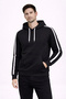 Men's Striped Hooded Sweatshirt Oversized 3 Thread Cotton - Black