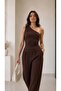 Brown One Shoulder Body High Waist Draped Trousers Wrinkle Suit