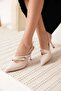 Women's Beige Patent Leather Pointed Toe Slingback Heeled Shoes - 3