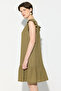 Linen Dress with Lace-Up Back and Ruffles - Khaki - 5