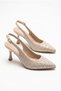 Women's Beige Stone Fabric Pointed Toe Open Back 7 cm Thin Heel Stiletto Evening Dress Heeled Shoes 1352