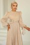 Yoryo Silk Hijab Evening Dress with Pleated and Stone Brooch Detail Cream 1244 - 2