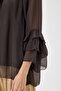 Women's Brown Italian Elastic Madonna Collar Ruffle Spanish Sleeve Lined Silk Blouse 38 - 44 Size - 4